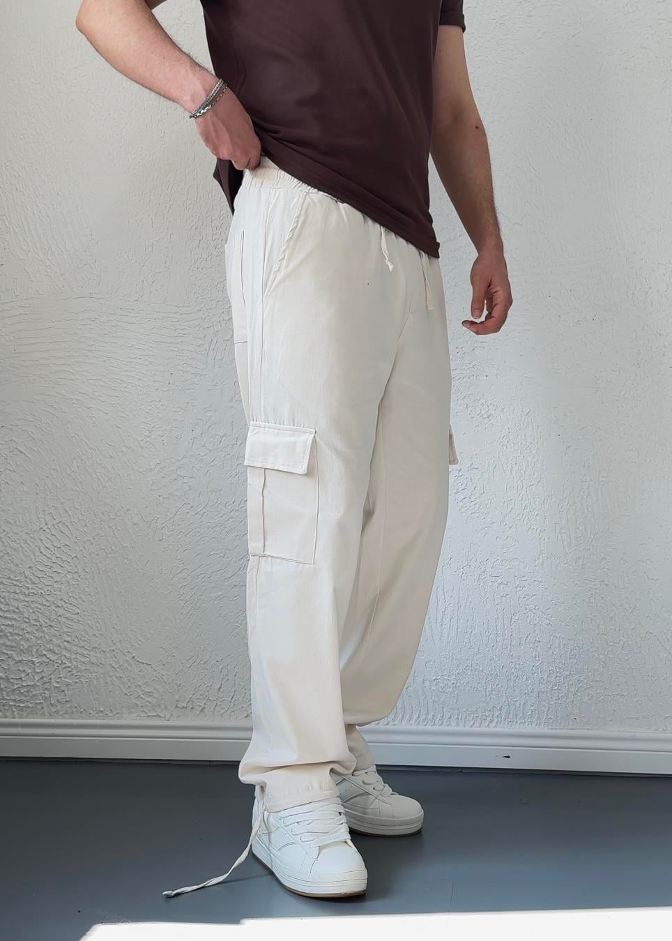 Ayarlanabilir Paça Kargo Cepli Baggy Yazlık Pantolon/ BEJ - KRG01