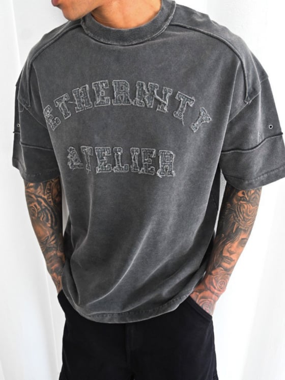 Dikiş Baskı Detaylı Özel Kesim Yıkamalı Oversize Yüksek Kalite T-Shirt / Antrasit Gri - TSH01