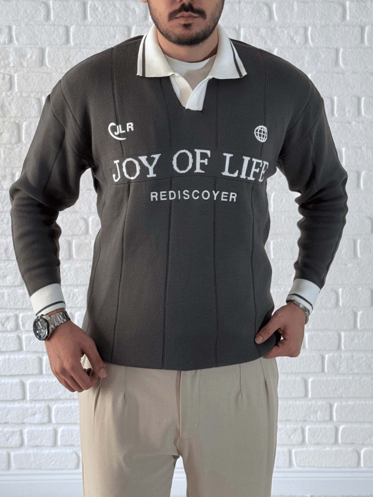 Erkek Oversize Fermuarlı Polo Yaka Dikiş Baskılı Kazak- Füme/ YZL01