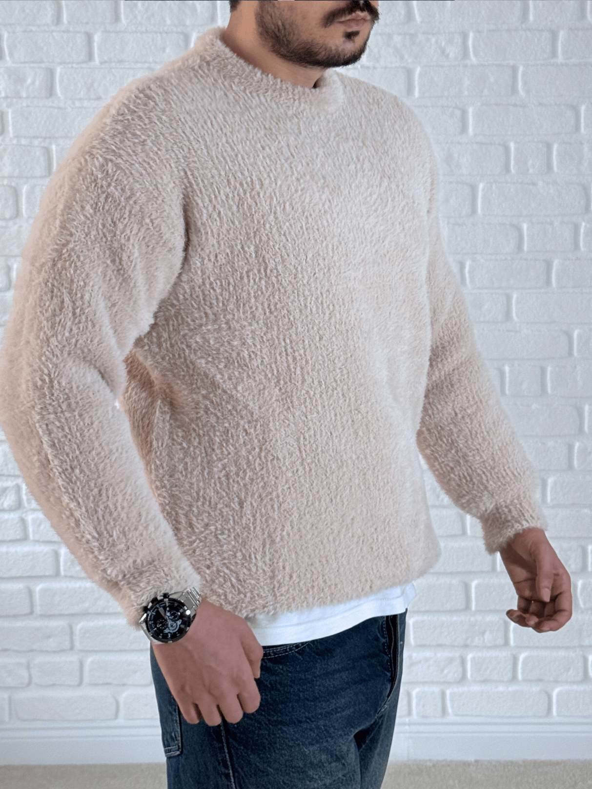 Oversize Peluş Detaylı Premium Kalite Kazak - Krem/ KZK05