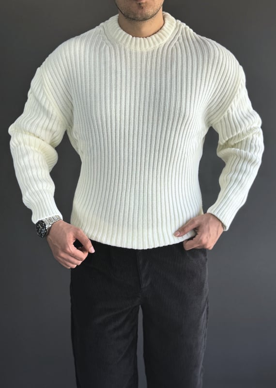Oversize Premium Kalite Selanik Örgüsü Kazak / Krem /KZK02