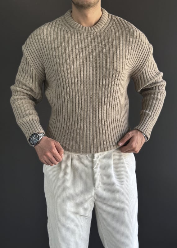 Oversize Premium Kalite Selanik Örgüsü Kazak / AÇIK KAHVE /KZK02