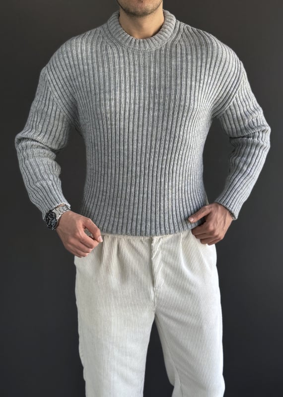 Oversize Premium Kalite Selanik Örgüsü Kazak / Gri /KZK02