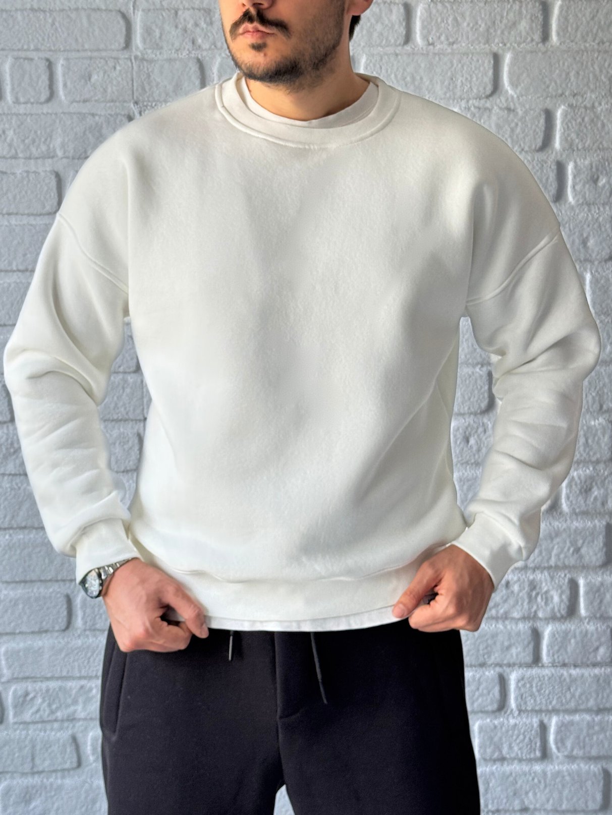 Premium Kalite Oversize Kalıp Basic Sweatshirt/BEYAZ-SWTB01