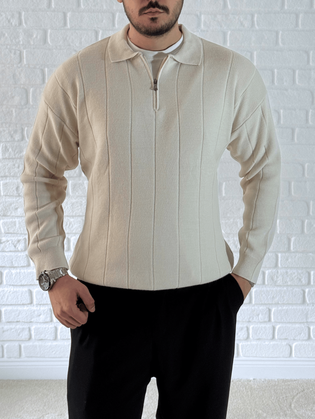 Yaka Fermuar Detaylı Oversize Premium Kalite Triko/Kazak- Krem/ KZK06
