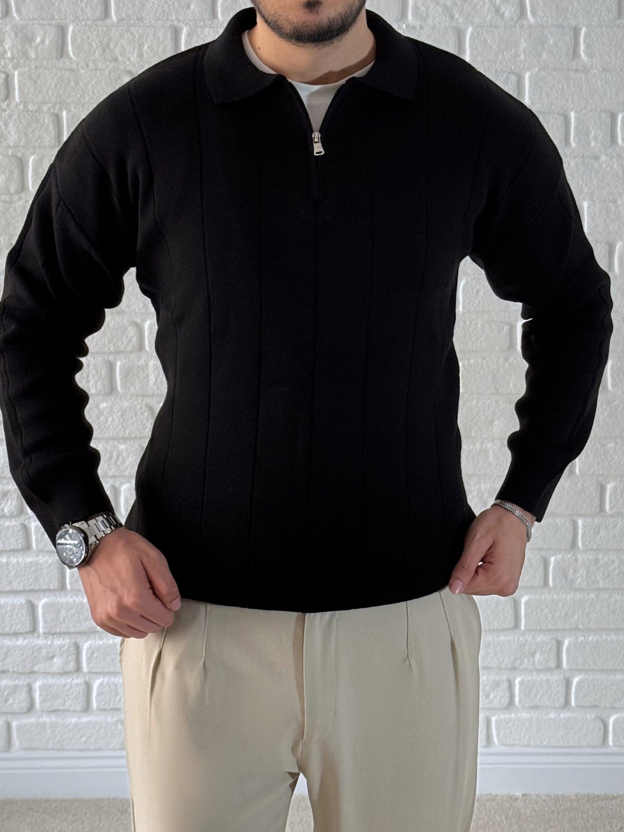 Yaka Fermuar Detaylı Oversize Premium Kalite Triko/Kazak- Siyah/ KZK06