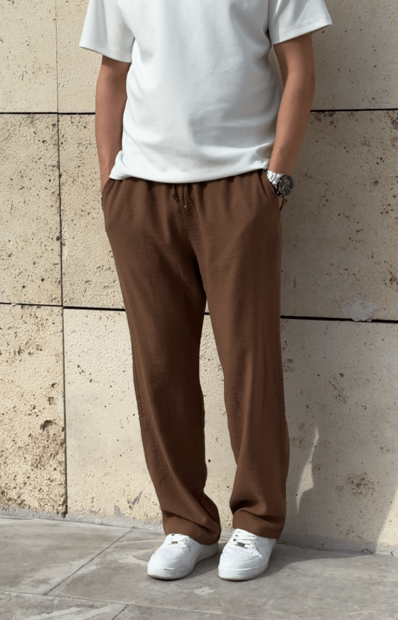 Yeni Sezon Oversize Kesim Yazlık Keten Pantolon / KAHVE - KTN01
