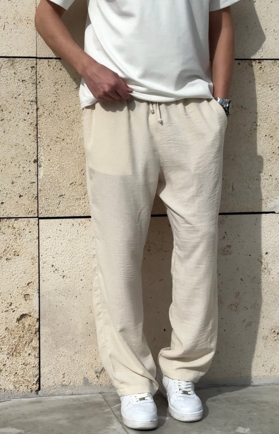 Yeni Sezon Oversize Kesim Yazlık Keten Pantolon / KREM - KTN01