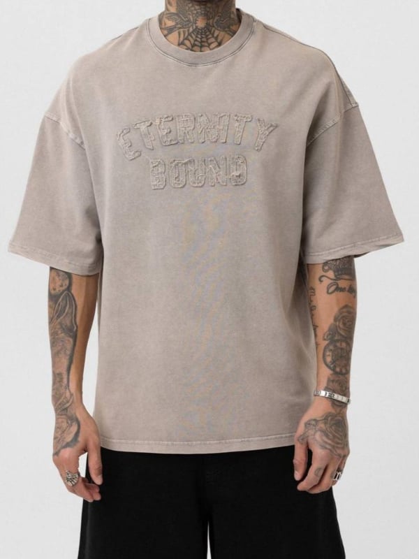 Yeni Sezon Yıkamalı Dikiş Detaylı Baskı Oversize T-shirt / KREM - TSH03