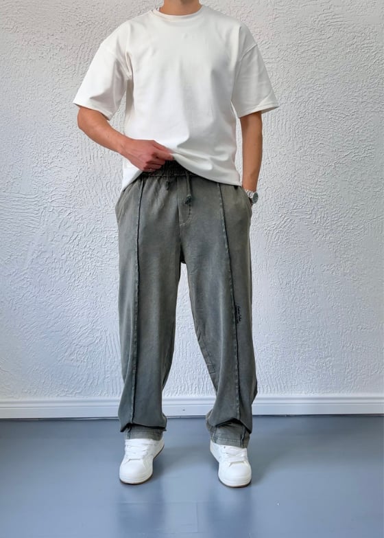 Yıkamalı Çizgi Detay Baggy Eşofman Altı / Haki - VMS01 
