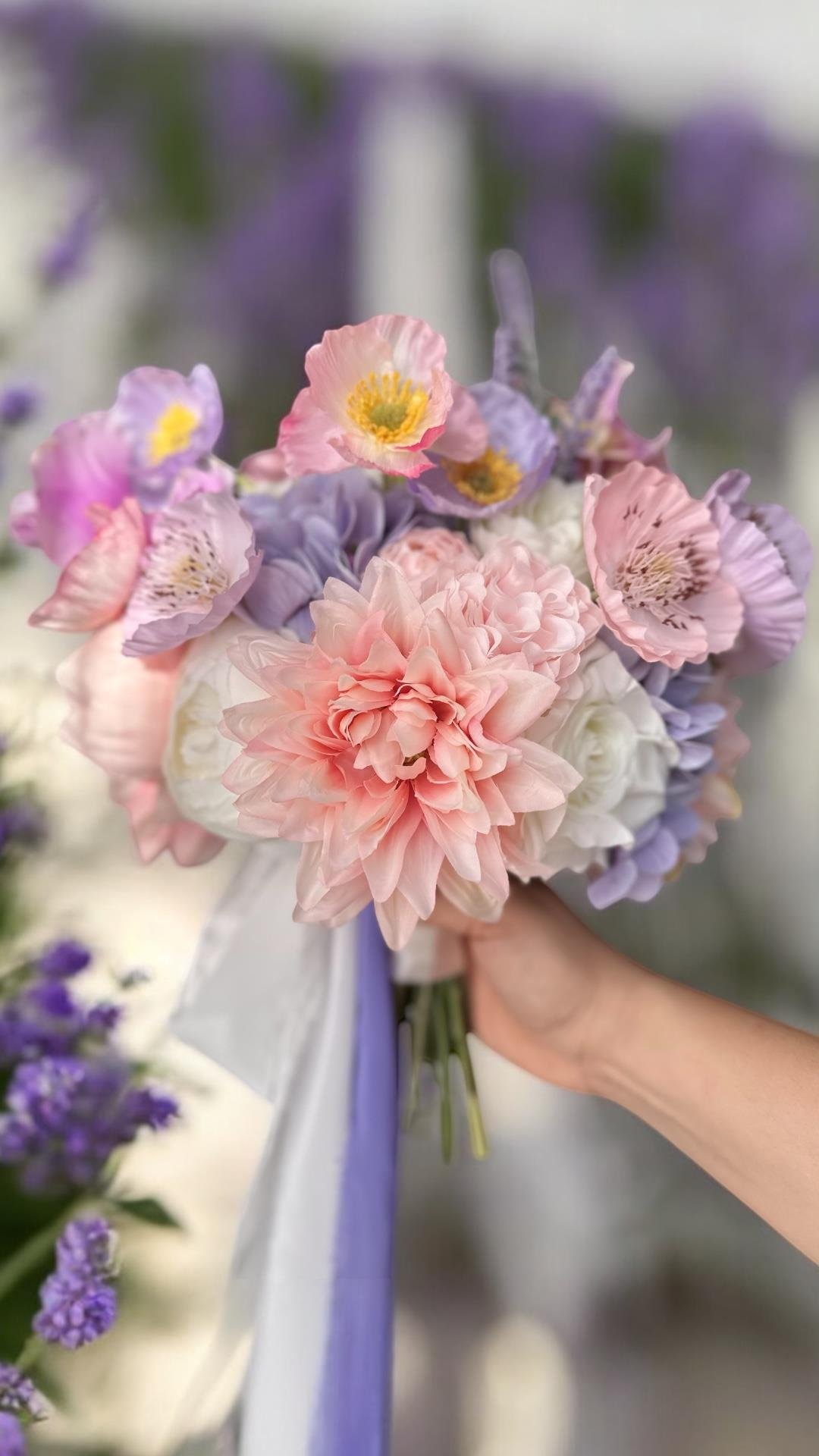 Mor lila aranjman gelin çiçeği 