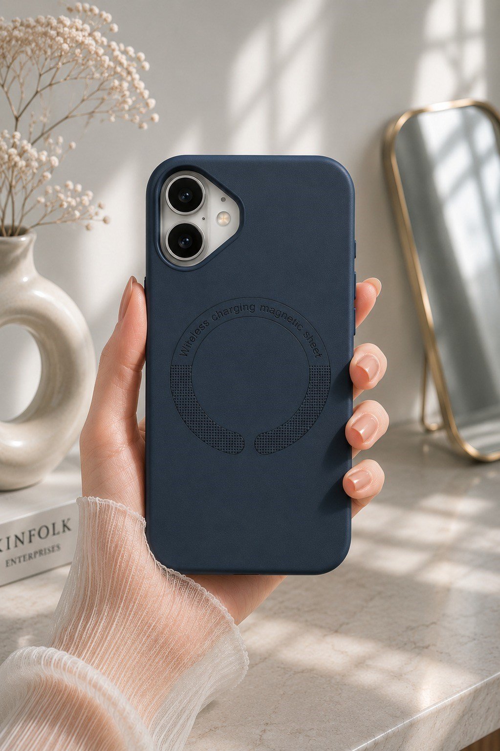 iPHONE 16 PLUS MAGSAFE KILIF LEATHER KAPAK LACİVERT