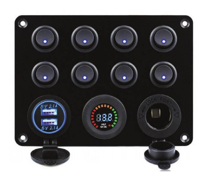 Işıklı Switch Panel, 8 Anahtarlı, Voltmetre ve USB Şarjlı