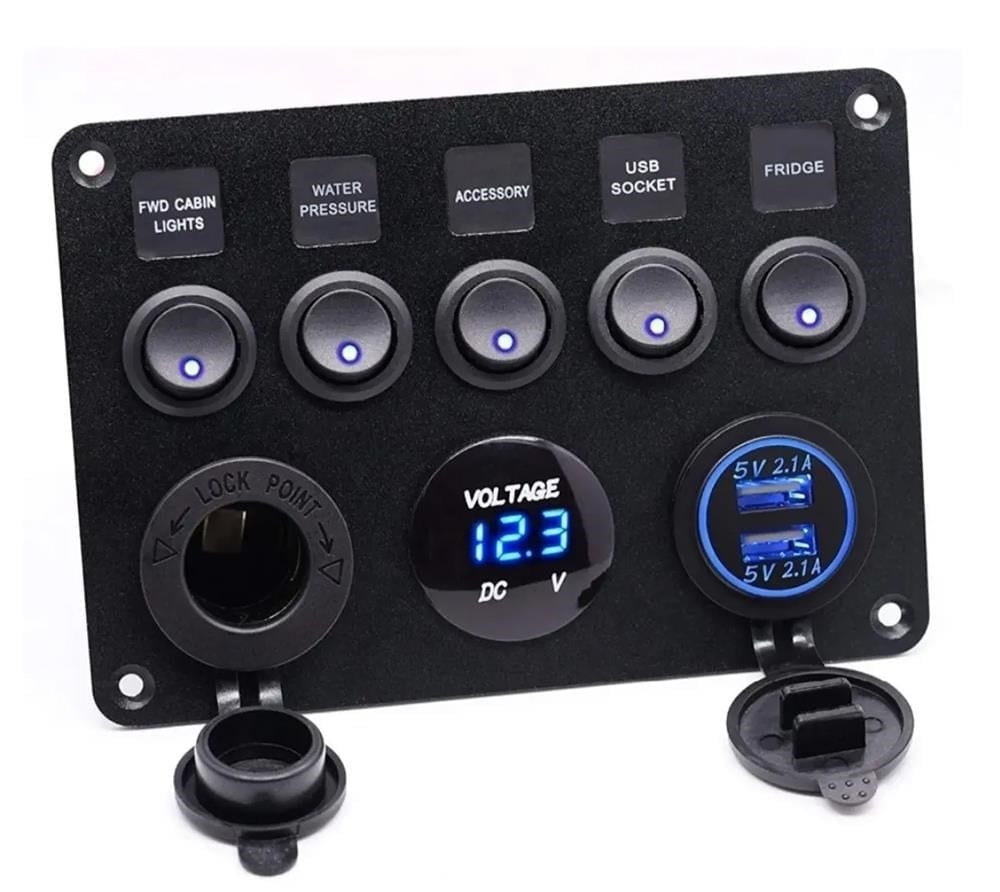 Switch Panel, 5 Anahtarlı, Voltmetre ve USB Şarjlı