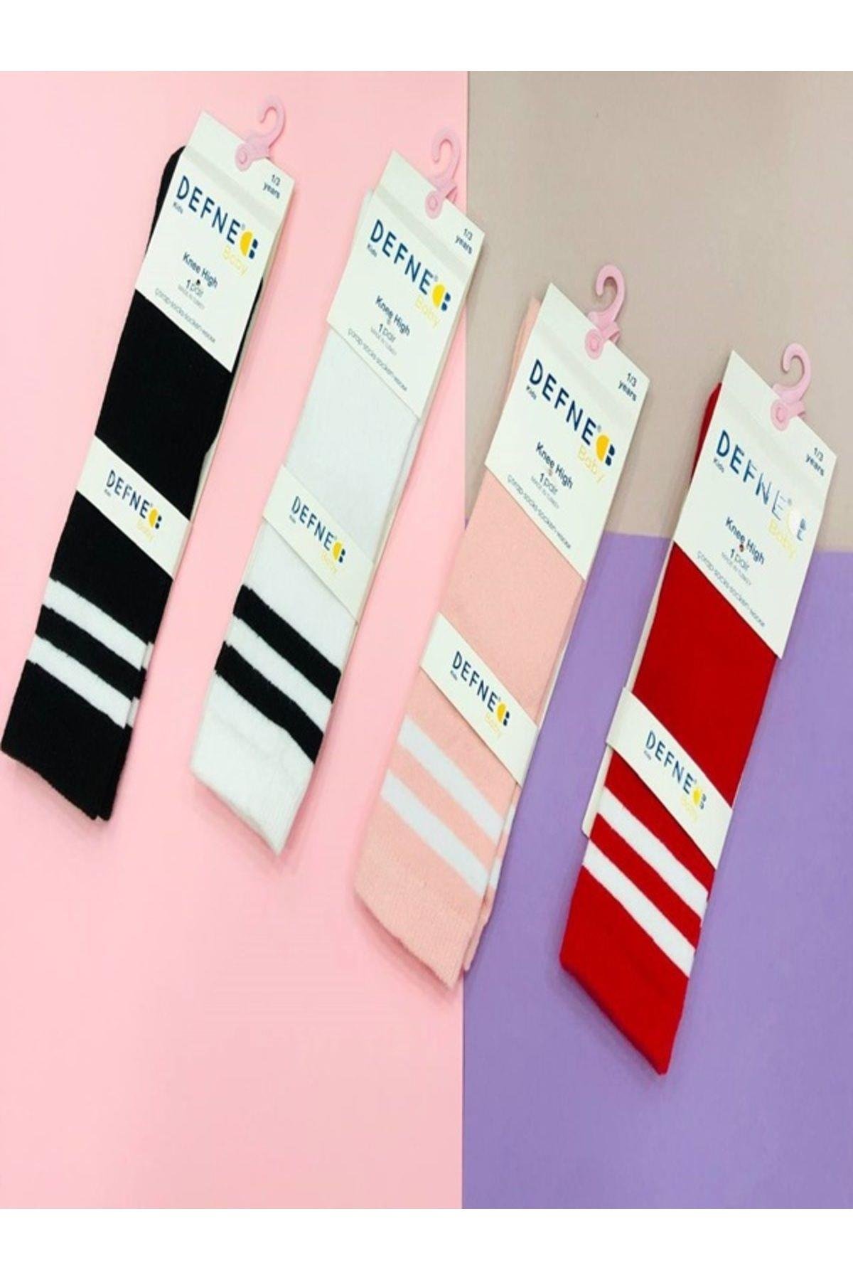 1 Adet Kız Çocuk Beyaz Cizgili  Siyah  Dizaltı Çorabı