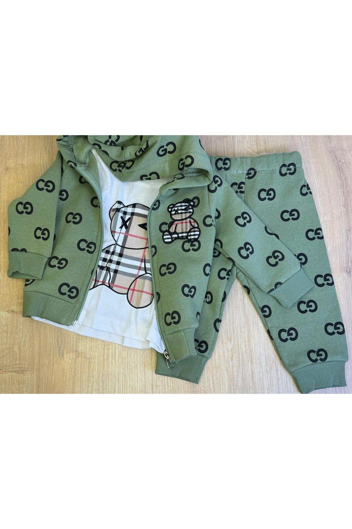 3'Lü Bebek Çocuk Şardonlu Kapişonlu Sweatshirt Uzun Kollu Tshirt Ve Eşohman Altı Takımı