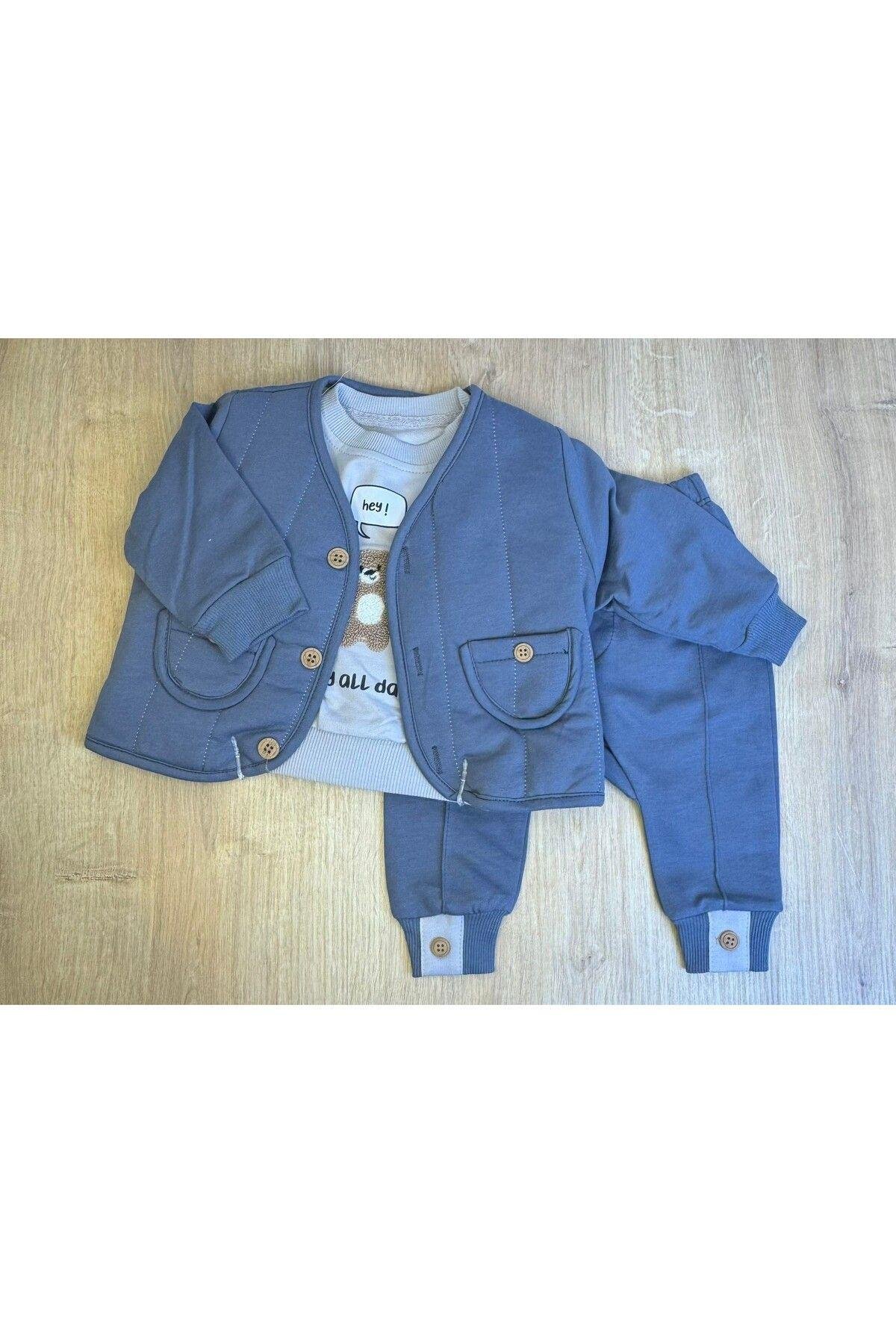 3'Lü Erkek Bebek Çocuk Kapitone Ceket 2 İplik Sweatshirt Ve Pantalon Takım
