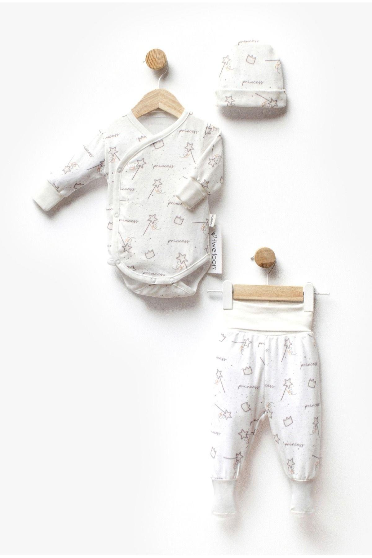 3'Lü Prenses Desenli Hastane Çıkışı Kız Bebek Takım 100 % Doğal Pamuk