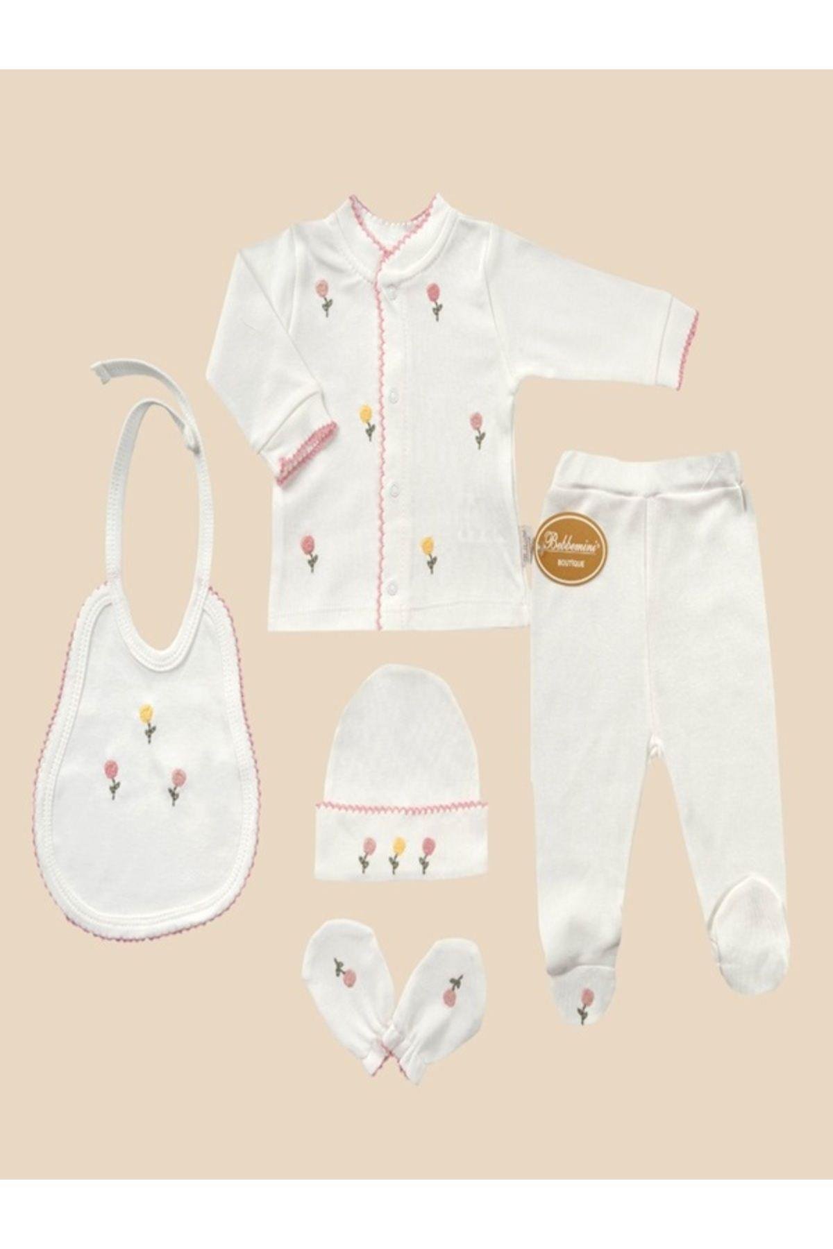 5'Li Hastane Çıkışı Kız Bebek Takım 100 % Doğal Pamuk Çiçek Nakışlı