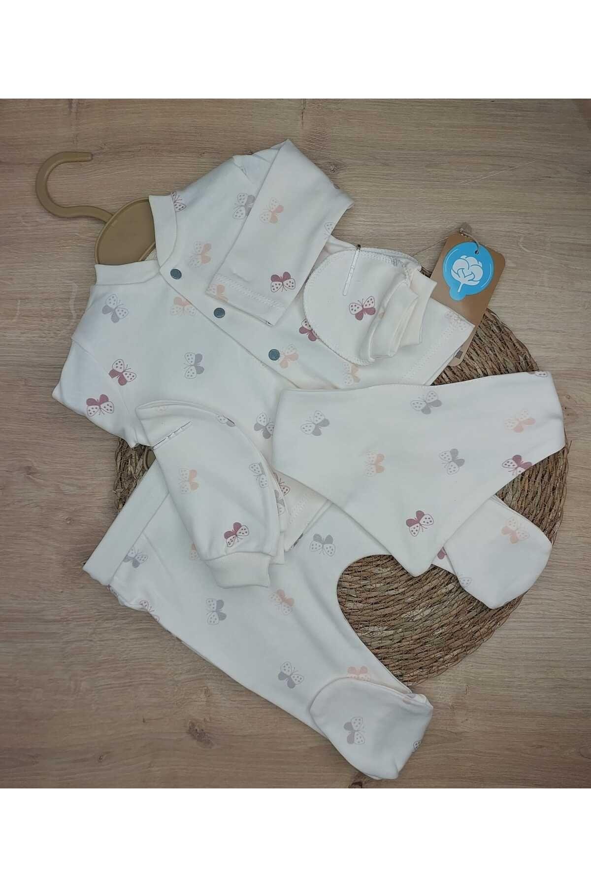 5'Li Kelebek Desenli Hastane Çıkışı Kız Bebek Takım 100 % Doğal Pamuk