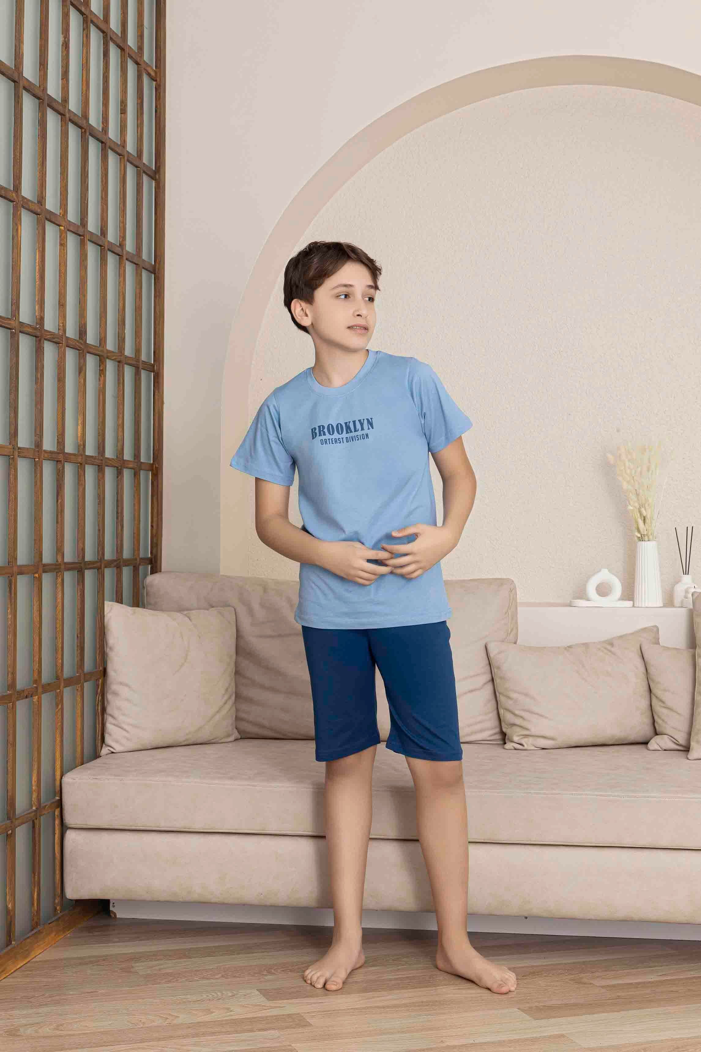 Erkek Çocuk  Mavi Desenli Şortlu  Pijama Takımı