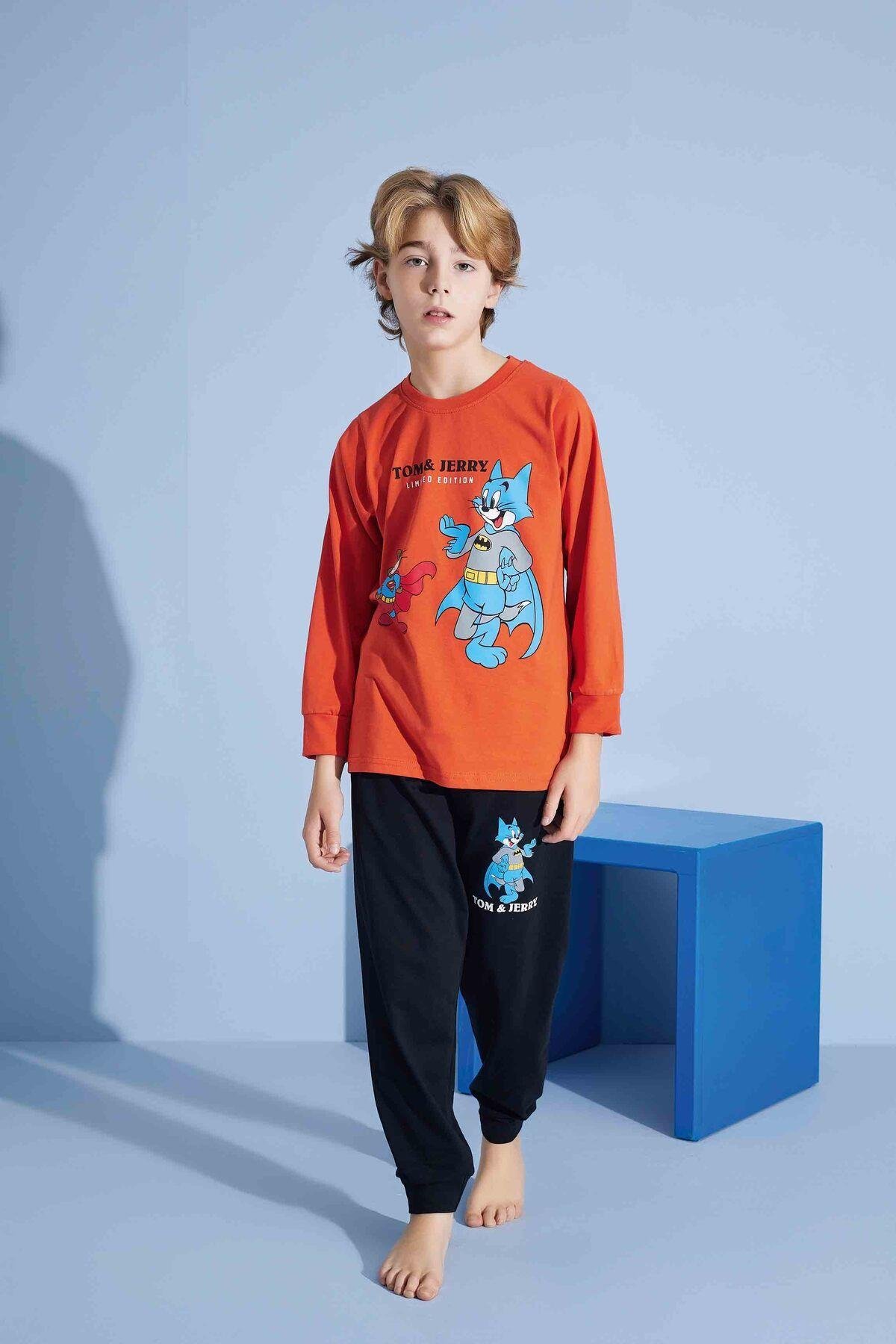 Erkek Çocuk Sevimli Kedi Desenli Uzun Kollu Pijama Takımı