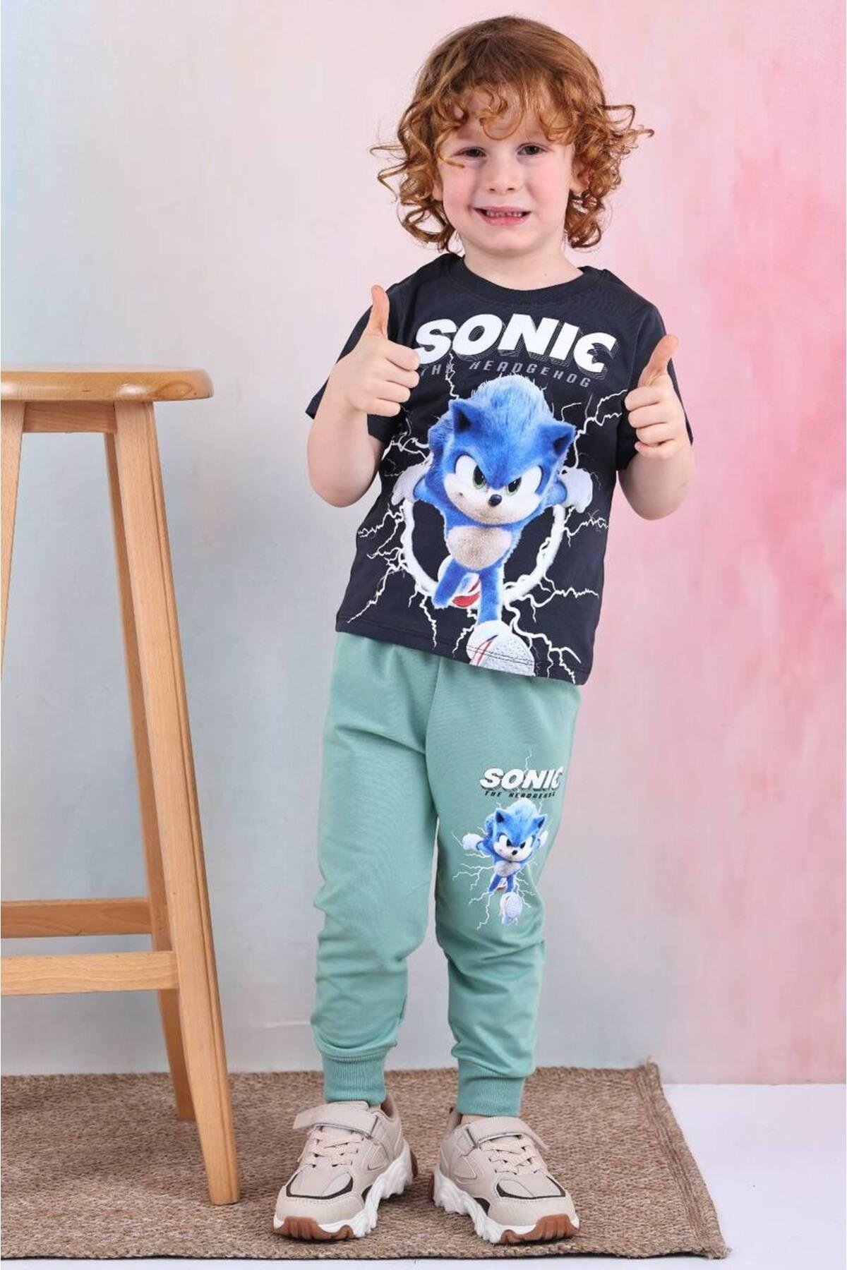 Erkek Çocuk Sonicc Desenli Kısa Kollu Tshırt Eşofman 2'Li Takım