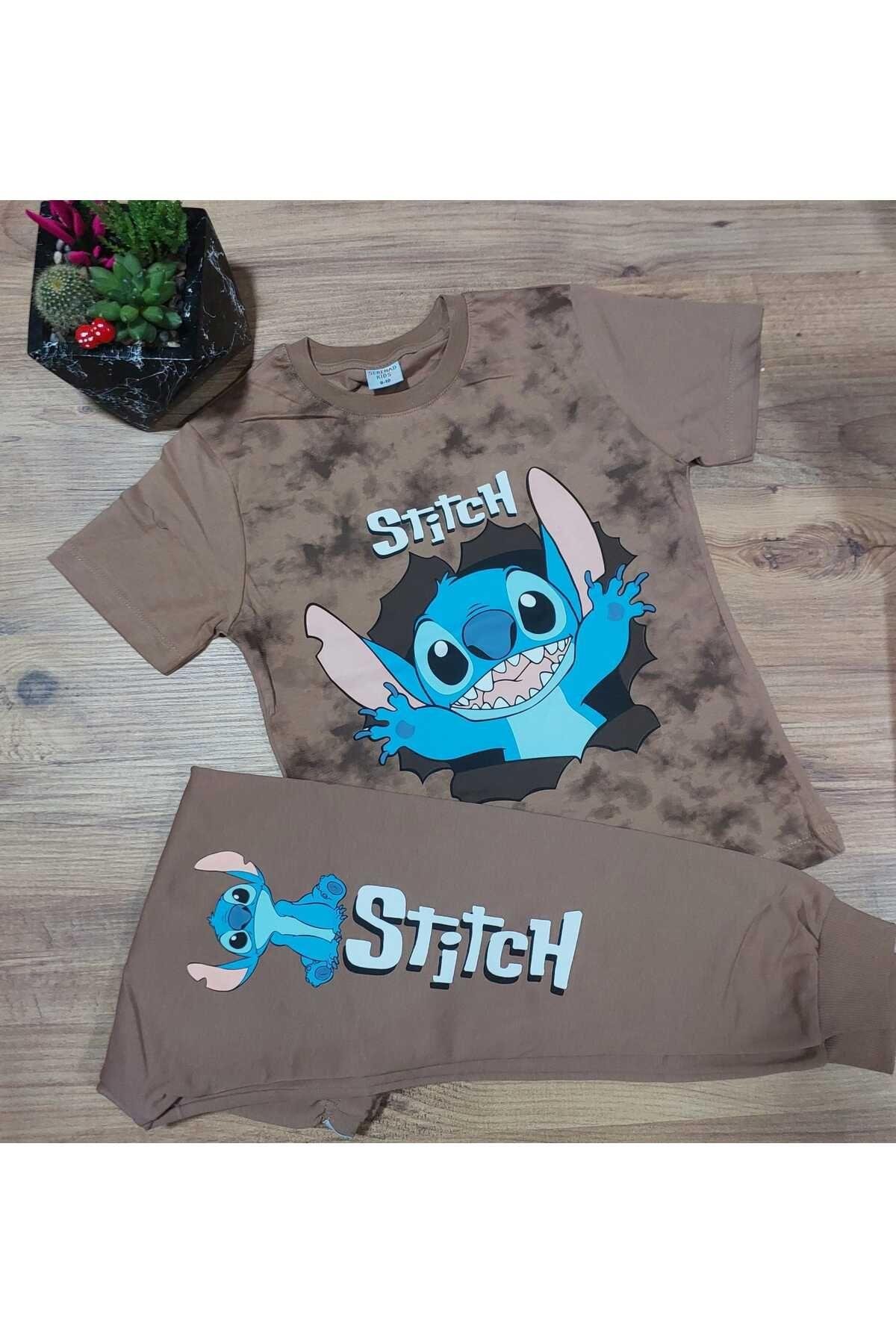 Erkek Çocuk Stitch Desenli Kısa Kollu Tshırt Eşofman 2'Li Takım