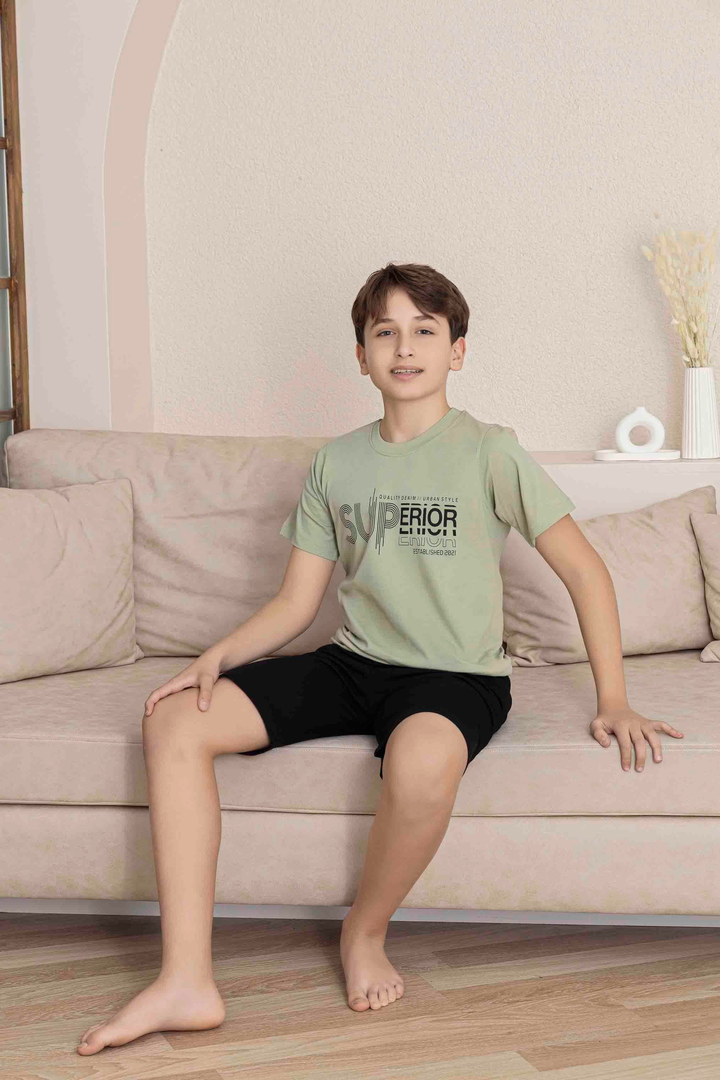 Erkek Çocuk  Yeşil Desenli Şortlu  Pijama Takımı