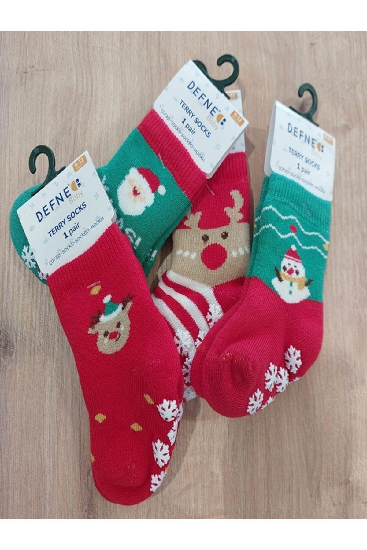 Kıpırık Baby 4 Çift Havlu Pamuklu Kışlık Yılbaşı Desenli Unisex Çocuk Ve Bebek Soket Çorap