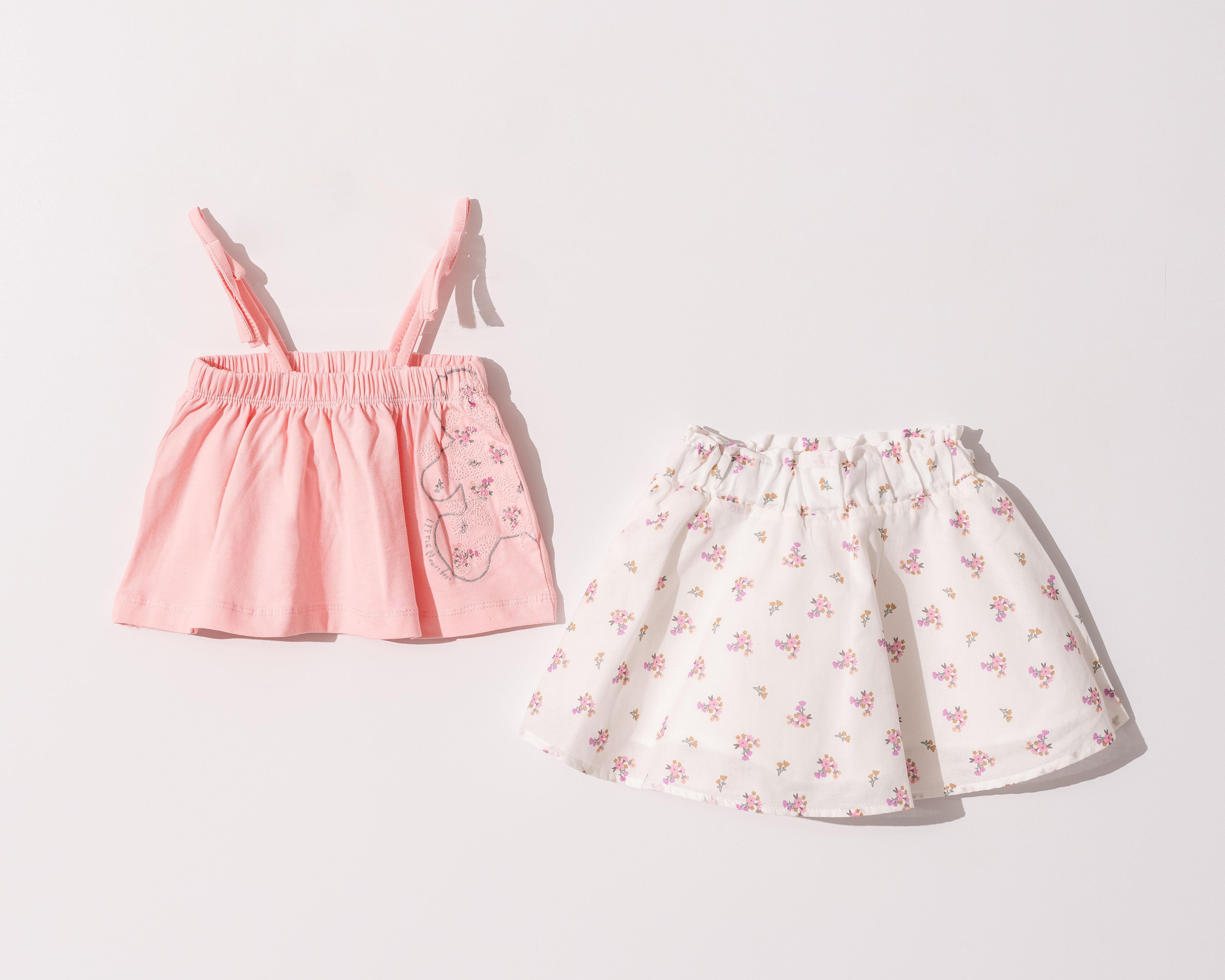 Kız Bebek Çocuk Askılı Pembe Tişört  Çiçekli Etekli Takım