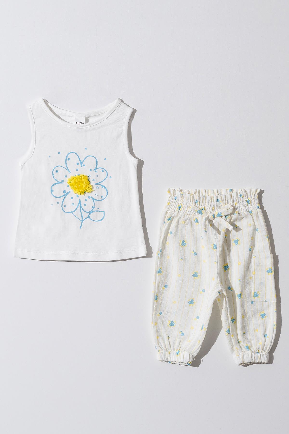 Kız Bebek Çocuk Beyaz Papatya Desenli Müslin Pantalonlu Takım