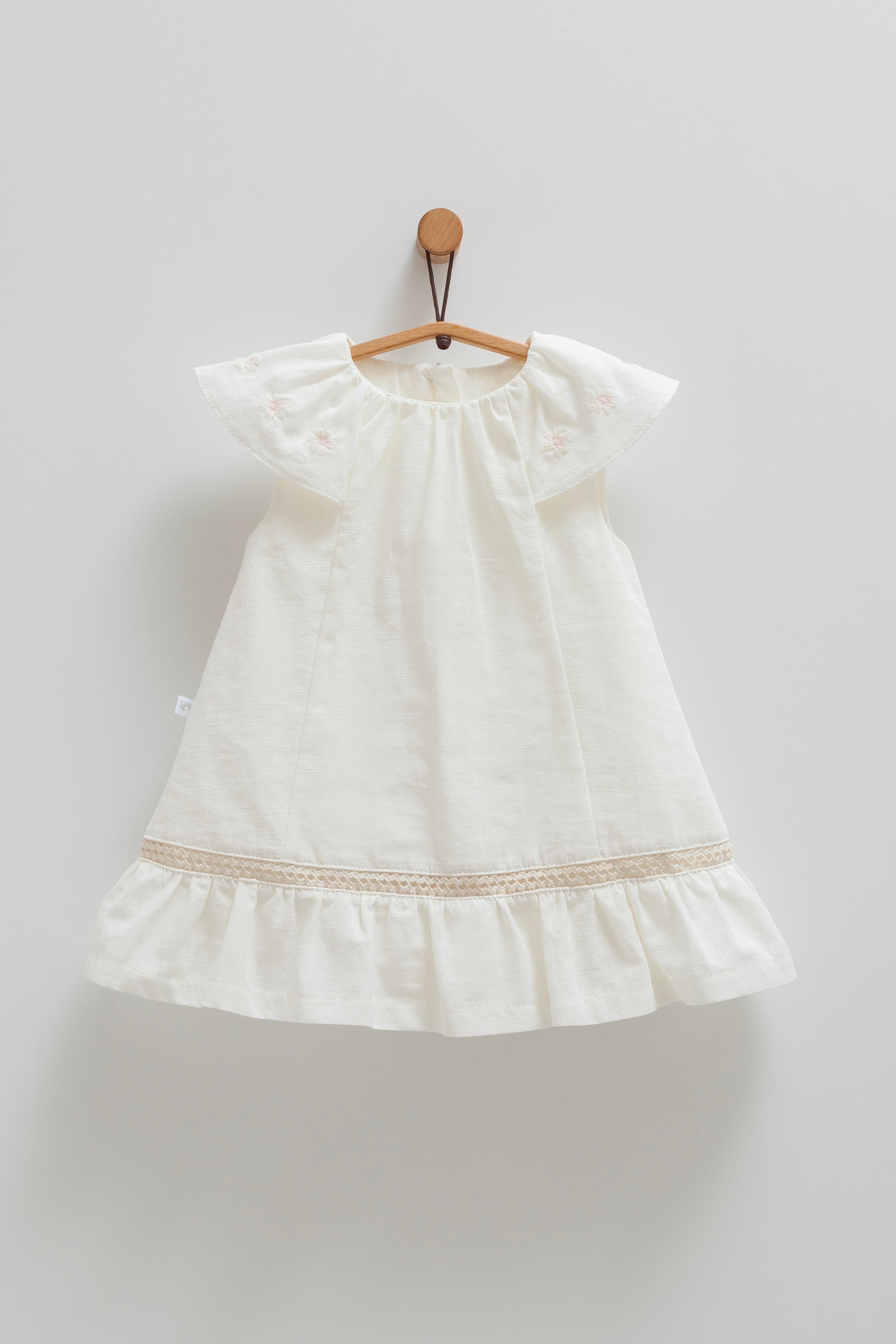 Kız Bebek Elbise Ekru Kolu Çiçek İşlemeli Eteği Nakışlı