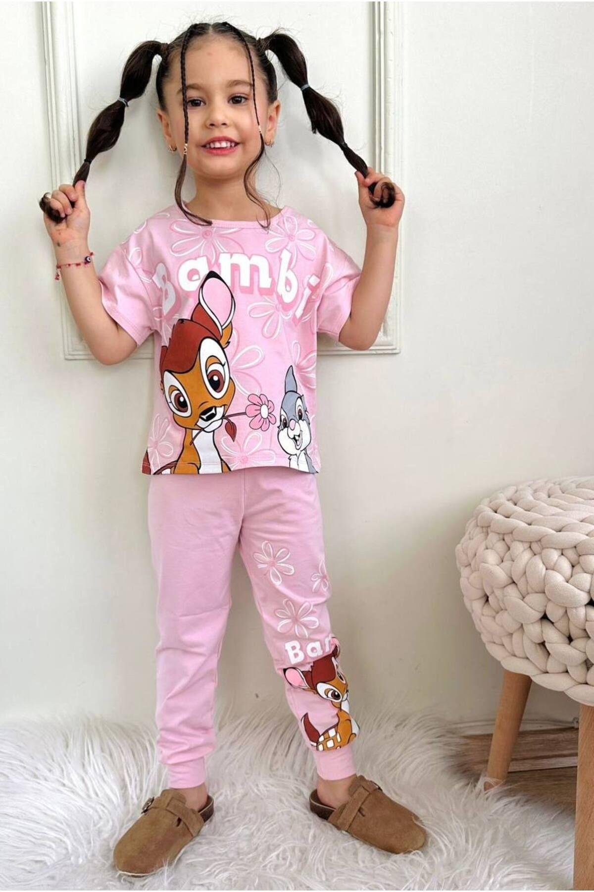 KIZ ÇOCUK DESENLİ KISA KOLLU TSHIRT EŞOFMAN 2'Lİ TAKIM