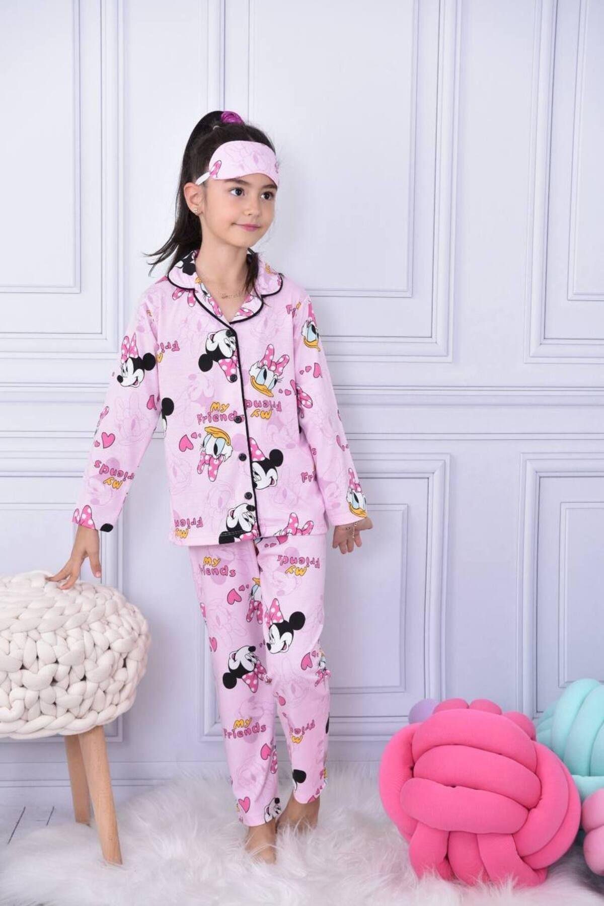 Kız Çocuk Düğmeli Desenli Uzun Kollu Pijama Takımı