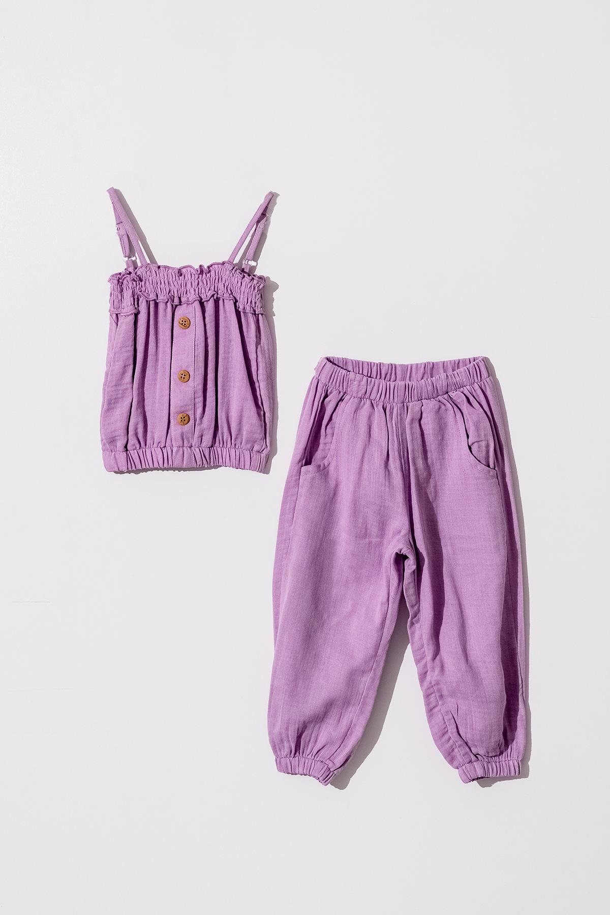 Kız Çocuk Lila Pantalonlu Poplin Takım