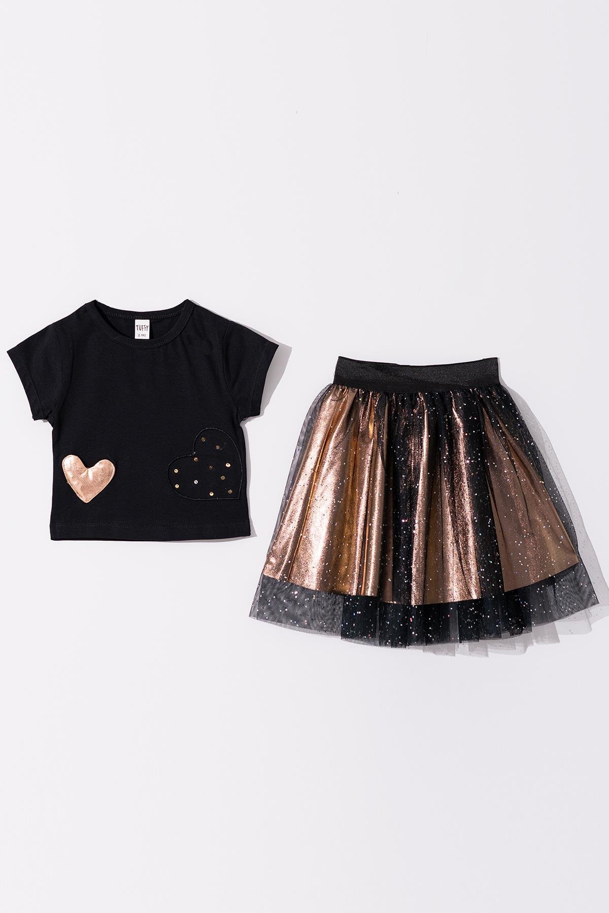 Kız Çocuk Siyah Kalp Desenli  Tütü Etekli Takım
