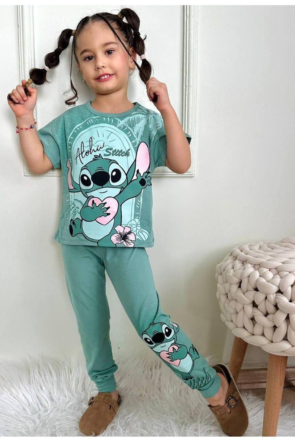 Kız Çocuk Stitchh Desenli Kısa Kollu  Tshırt Eşofman 2'Li Takım