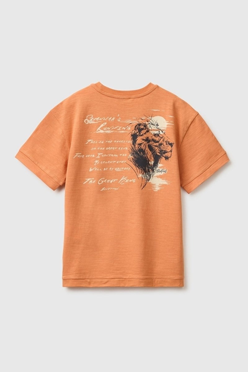 United Colors of Benetton Erkek Çocuk Turuncu Arkası Baskı Detaylı Bisiklet Yaka T-Shirt 6-14 Yaş 