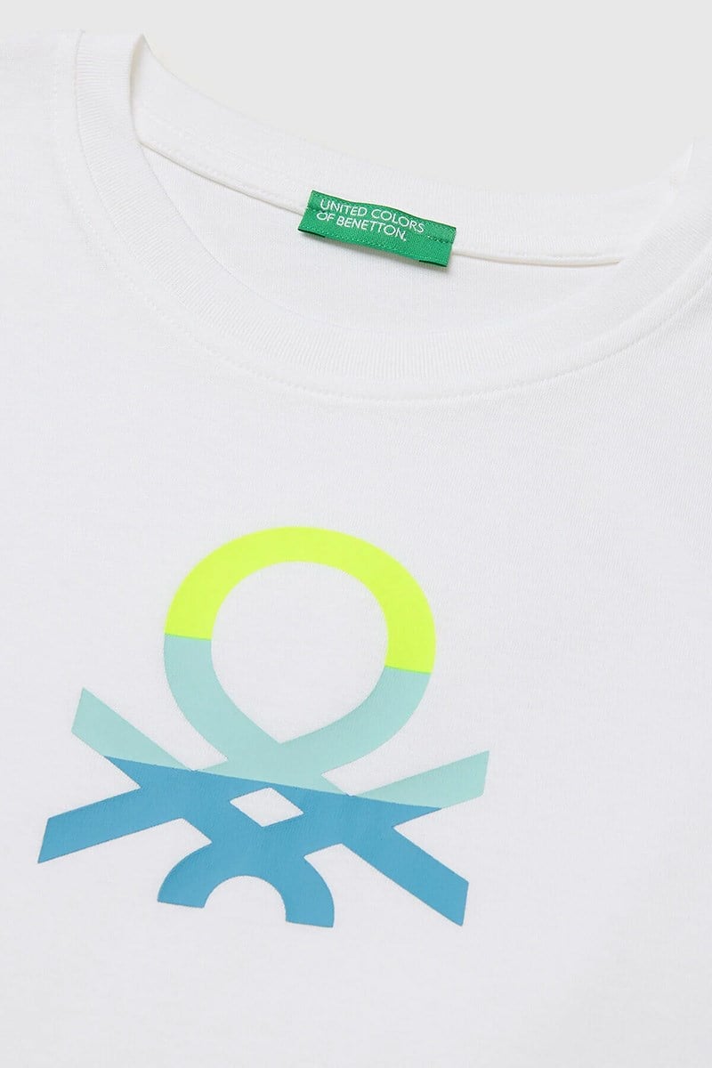 United Colors of Benetton Erkek Çocuk Logo Baskı Detaylı Yuvarlak Yaka T-Shirt Beyaz-Pembe 6-14 Yaş