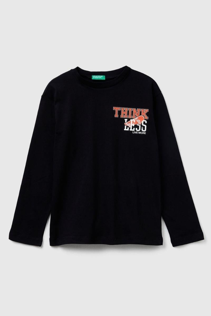 United Colors of Benetton Erkek Çocuk 3JERC10QO-25K  Uzun Kol Çizgili Tshirt Siyah