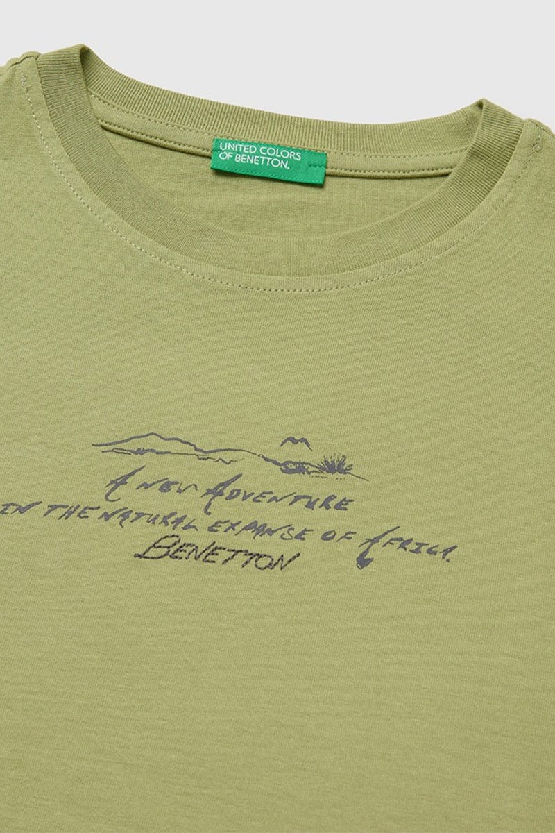United Colors of Benetton Erkek Çocuk Önü Baskılı Arkası İşlemeli Bisiklet Yaka T-Shirt Haki 6-13 Yaş