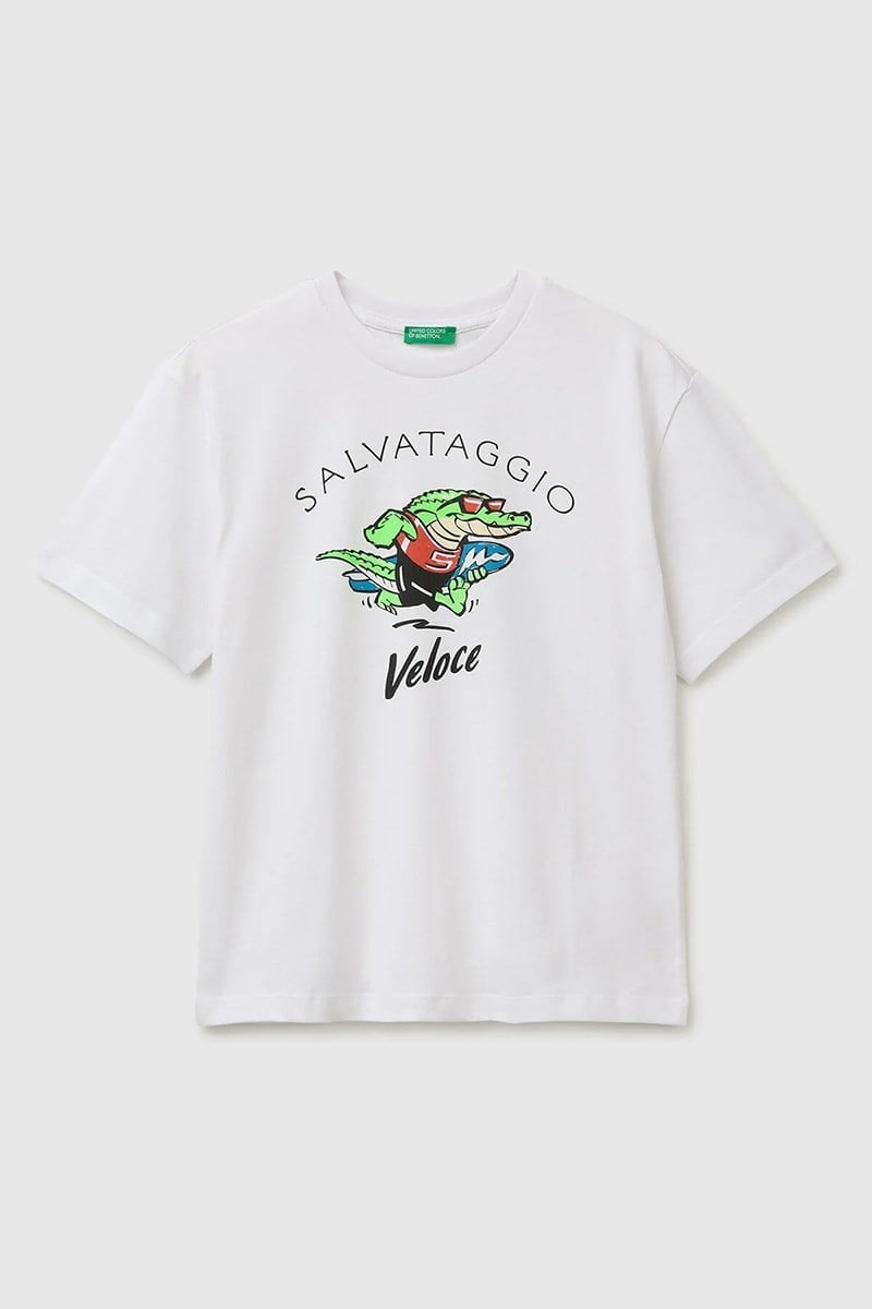 United Colors of Benetton Erkek Çocuk Ön Baskı Detaylı Bisiklet Yaka T-Shirt Beyaz Ekru 6-13 Yaş