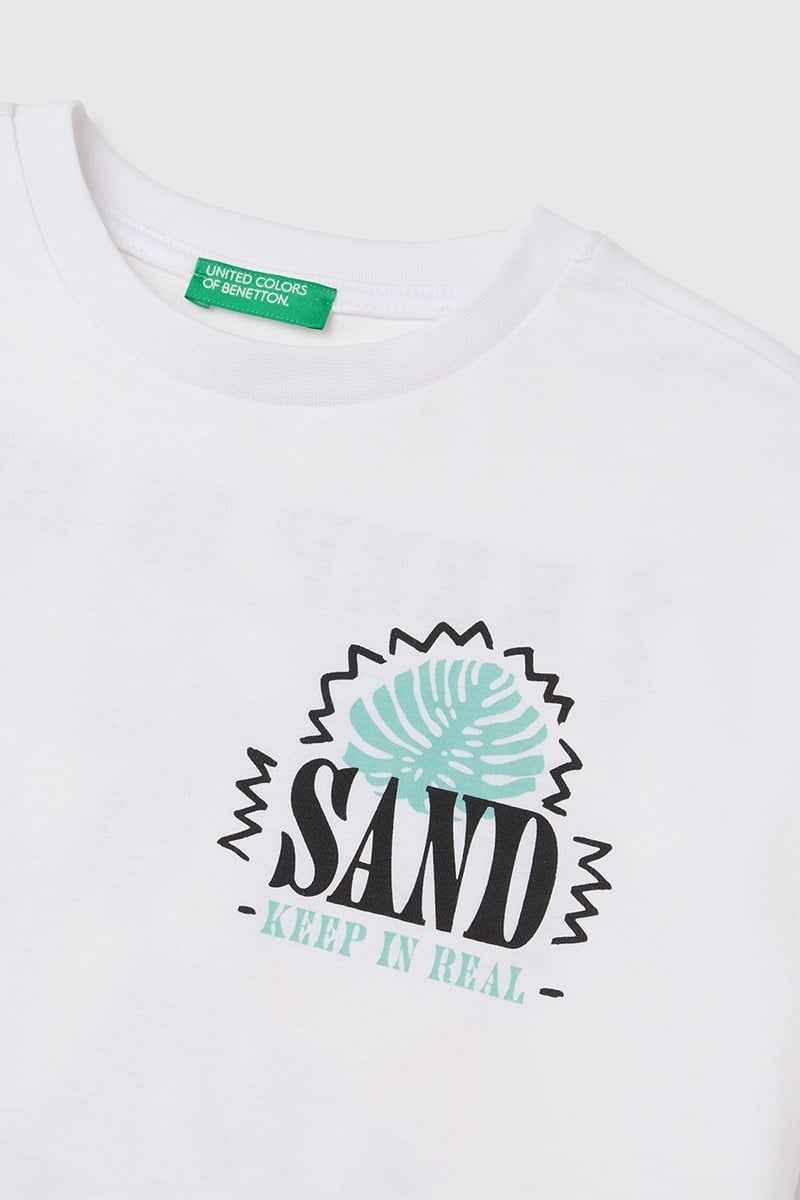 United Colors of Benetton Erkek Çocuk Ön ve Arka Fotoğraf Baskı Detaylı Bisiklet Yaka T-Shirt Beyaz-Pembe 6-13 Yaş