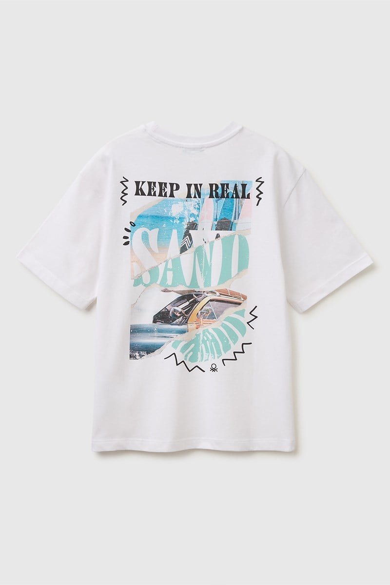 United Colors of Benetton Erkek Çocuk Ön ve Arka Fotoğraf Baskı Detaylı Bisiklet Yaka T-Shirt Beyaz-Pembe 6-13 Yaş