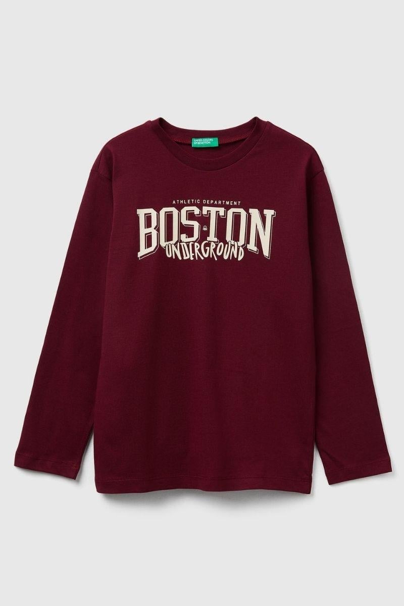 United Colors of Benetton Erkek Çocuk 3JERC10QO-25K  Uzun Kol Çizgili Tshirt Bordo