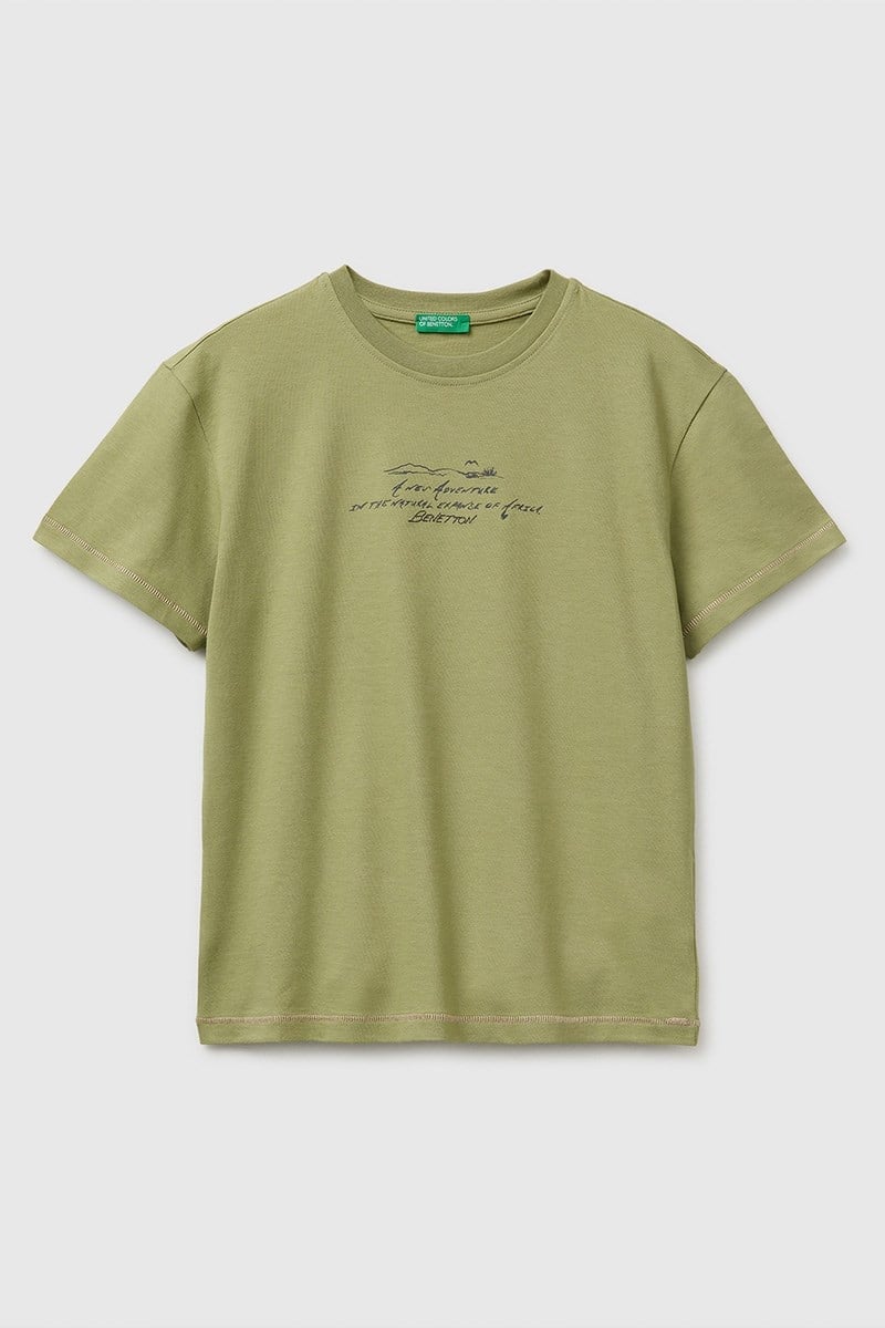 United Colors of Benetton Erkek Çocuk Önü Baskılı Arkası İşlemeli Bisiklet Yaka T-Shirt Haki 6-13 Yaş