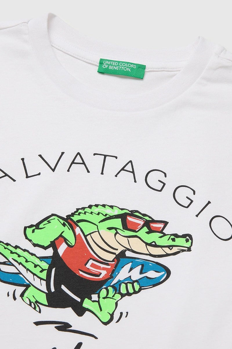 United Colors of Benetton Erkek Çocuk Ön Baskı Detaylı Bisiklet Yaka T-Shirt Beyaz Ekru 6-13 Yaş