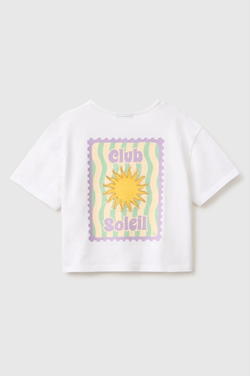 United Colors of Benetton Kız Çocuk Beyaz Ön ve Arka Baskı Detaylı Boncuk İşlemeli Geniş Yaka T-Shirt 6-14 Yaş