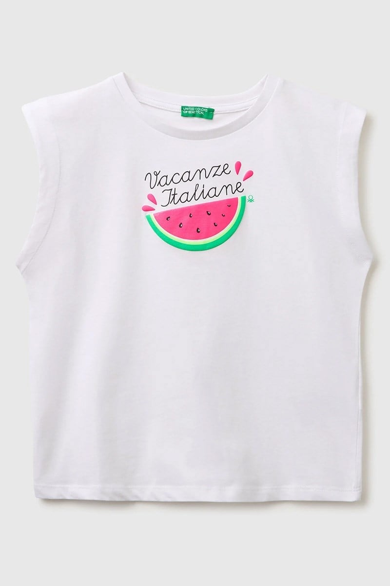 United Colors of Benetton Kız Çocuk Kabarık Baskı Detaylı T-Shirt Beyaz 6-14 Yaş
